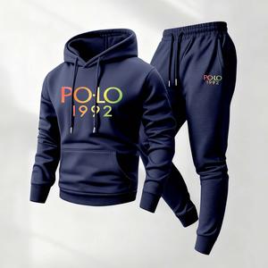 Men's Polo Pattern Print Hoodie and Drawstring Sweatpants Set, Menswear, Casual Athletic Long Sleeve Hooded Jacket & Trousers for Fall & Winter, Men's Clothing for Daily Wear, Sportswear Indoor Outdoor, Tracksuit, Athleisure Minimalist Breathable