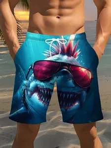 Men's Fashion Print Beach Shorts, Shark Pattern 3D Print, Casual Polyester Drawstring Waist, Summer Lightweight Comfort, Golf Fishing Basketball Camping Gym Swimming, Swimwear Shorts