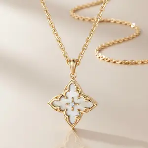 14K Gold Plated Gold Clover Necklace, Dainty Four Leaf Lucky Choker Charm Colorful Clover Adjustable Chain Shell Made Pendant Necklace for Women Jewelry