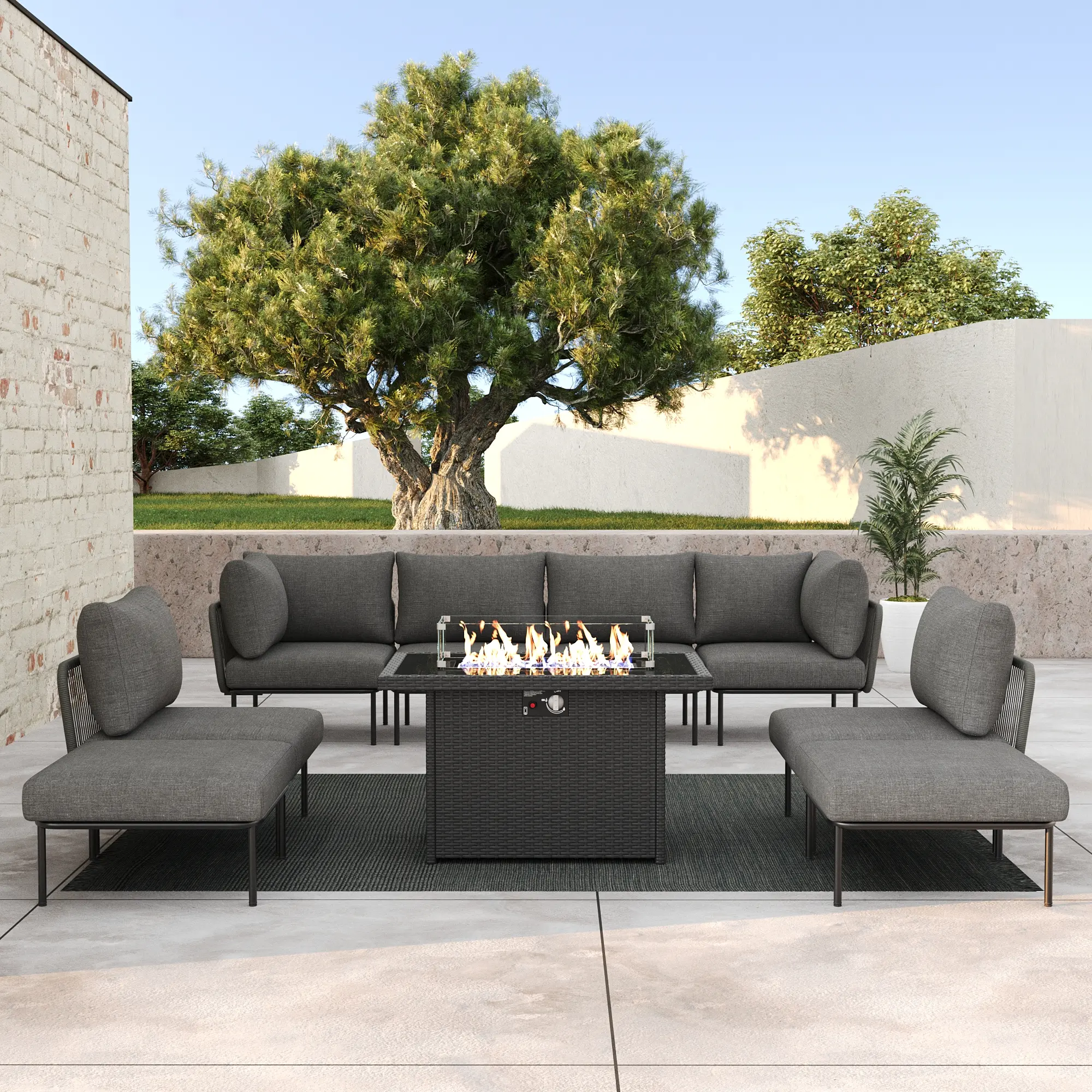 LayinSun 9 Pieces Aluminum Patio Furniture Set, Modern Modular Sectional Sofa with Fire Pit Table and Upgrade Thickness Cushion, Multiple Packages
