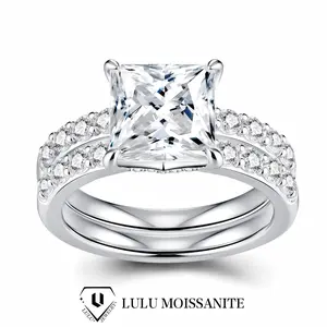 【#M244】(Peggy | Two-piece Set) 925 Sterling Silver Synthetic Moissanite rings - A princess-cut ring + a band ring