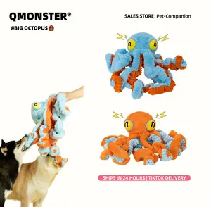 QMONSTER Big Octopus Plush Dog Toy－Interactive Squeaky Plush Toy for Tug-Of-War, Retractable and Elastic Tentacles, Stretchable, Fetch & Cuddle Play, Self Entertainment to Relieve Boredom, Tooth Grinding & Cleaning, Suitable for medium & Large dogs