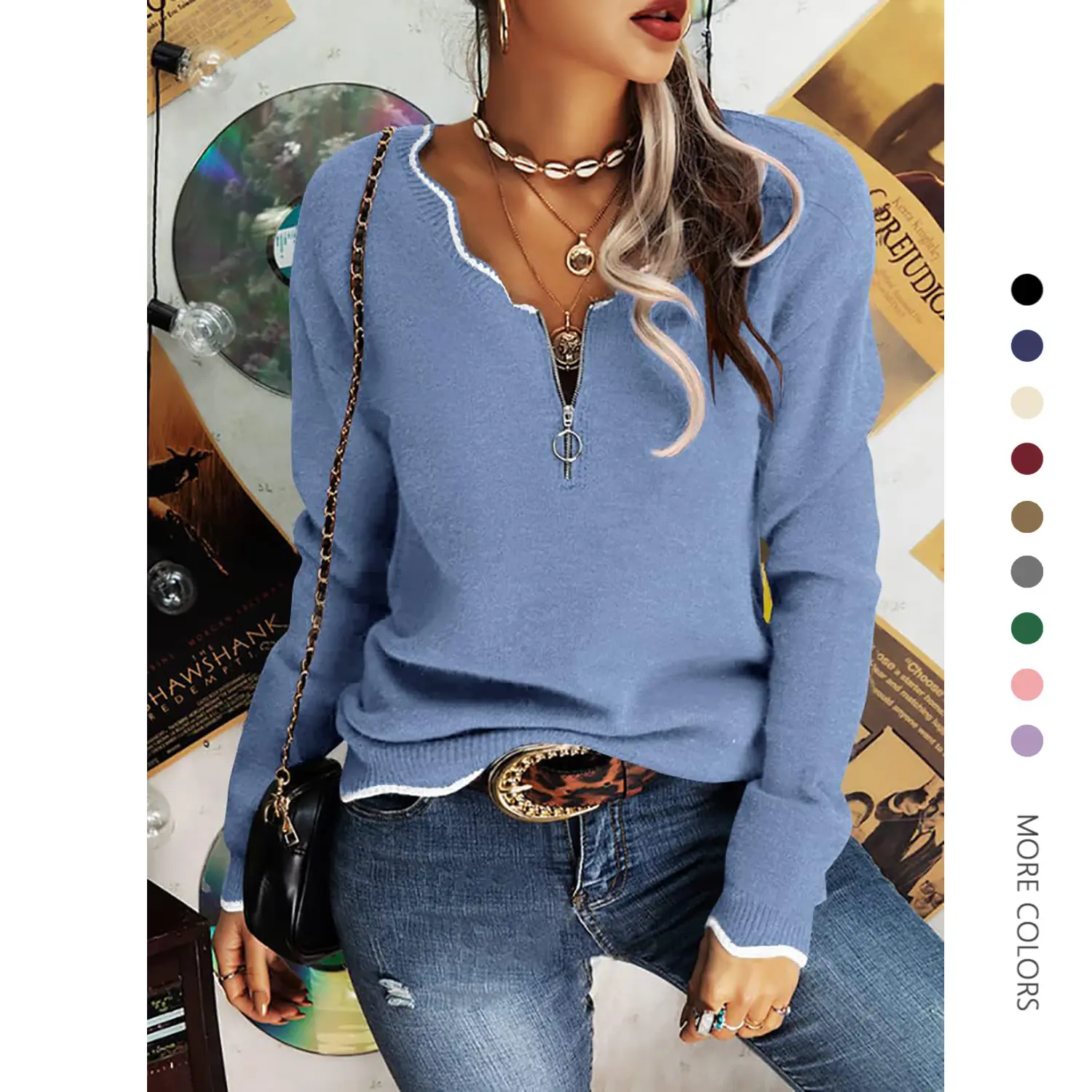 Danedvi Women's V-Neck Half-Zipper Long Sleeve Stretchy Knit Sweater - Knitting Fabric, Skinny Cricket Stripe Pullover, Minimalist, Casual, Comfortable 1-Piece Top, Casual Women's Knitwear, Comfy, Comfortable Women's Pullovers