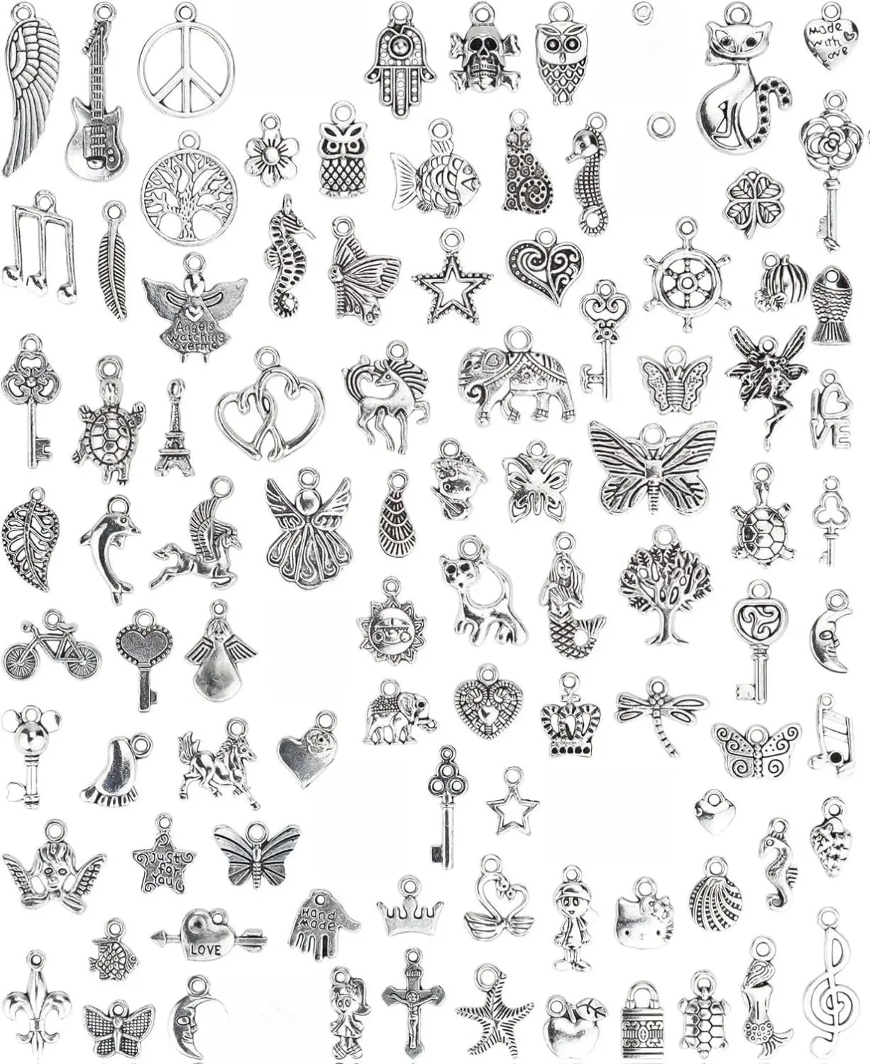 100 PCS Bulk Tibetan Silver Alloy Charms - Mixed Smooth Metal Pendants for DIY Crafts, Necklace & Bracelet Making - Music Themes, Casual Wear - 0.28-0.98 in Jewelry Craft Supplies, 100% Brand New, Birthday Gift Ideas for Girlfriends, Animals
