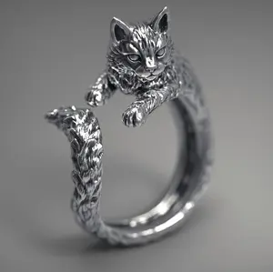 Retro Series Black Cat Ring Cute Kitten Live Mouth Ring Gift for Men and Women