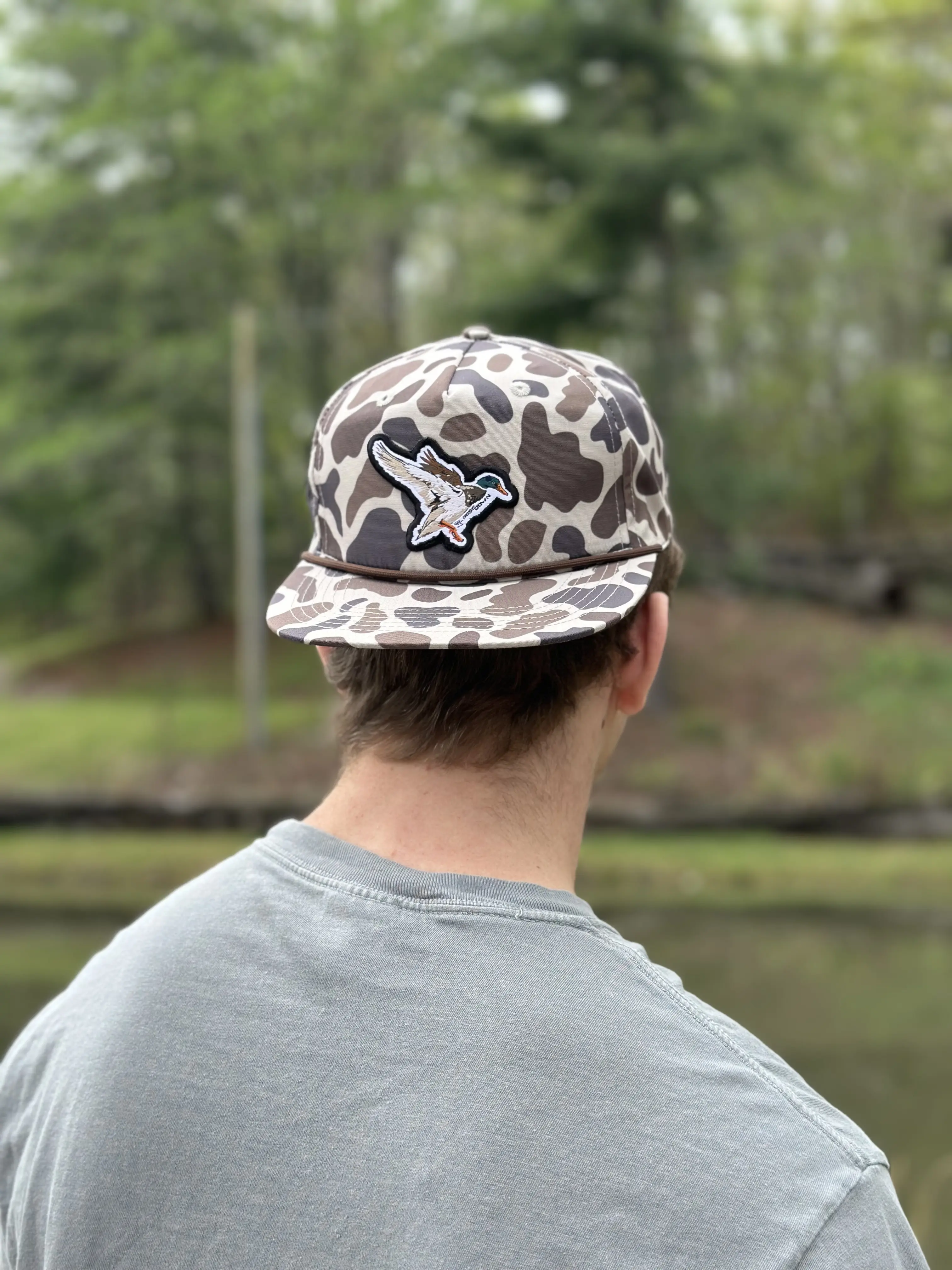 Unisex Adjustable Snapback Rope Brim Hat - Basic Camo Polyester Baseball Cap with Animal Landing Mallard Patch, for Teenagers & Adults, Casual Daily Wear, Spot Clean Only