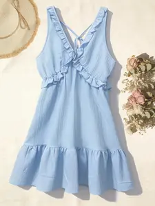 Light Color Textured Ruffle Hem V Neck Tie Back Adjustable Sleeveless Dress, Casual Summer Beach Vacation Style Cake Skirt, Crossed Tie Design, Korean Fresh Youthful Girl Look, Womenswear
