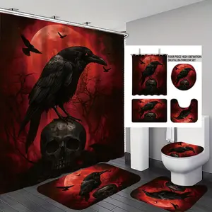 4-Piece Halloween Forest Crow Skull Shower Curtain Set, Bath Mat, Non-Slip Bathroom Rug, Toilet U-Shaped Pad, Home Decor Accessories