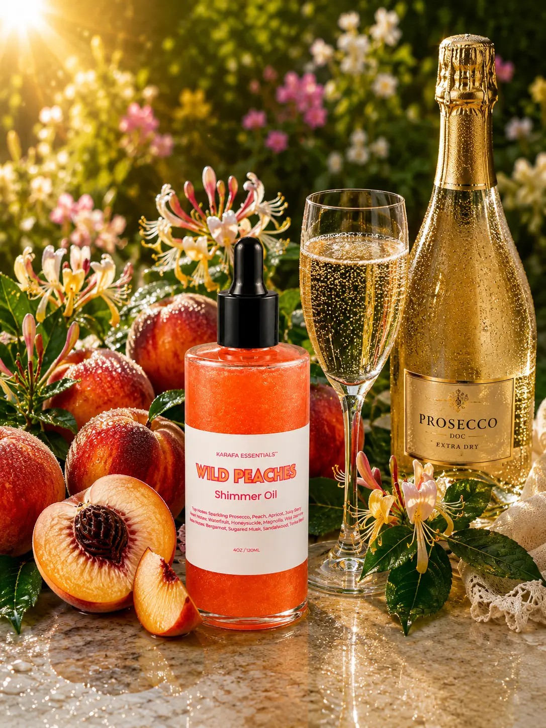Wild Peaches Moisturizing Body Oil Sparkling Prosecco, Peach, Apricot, Juicy Berry, Waterfruit, Honeysuckle, Magnolia, Wild Jasmine, Bergamot, Sugared Musk, Sandalwood, Teakwood by Karafa Essentials