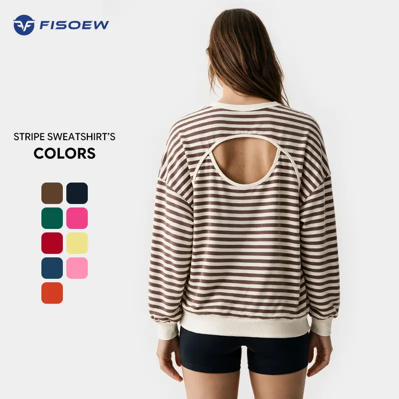 Fisoew Women's Crewneck Sweatshirt Casual Lightweight Chic, Horizontal Stripe Back Oval Cutout Pullover, Oversized Drop Shoulder Soft Fleece Breathable Ribbed Top for Spring Fall Streetwear & Plus Size Ladies