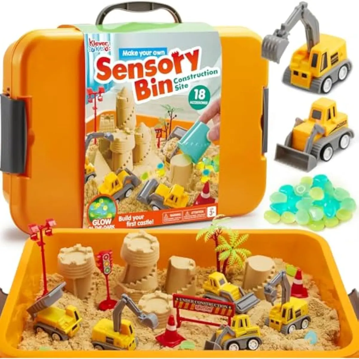 JOVA Klever Kits Construction Sensory Bin for Toddlers with Glow in The Dark Stones, Sandbox with Lid Castle Building kit, Preschool Learning Activities Gifts for Boys Girls Age 3+