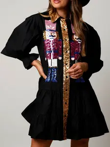Women Sequin Christmas Nutcracker Shirt Dress Holiday Party Santa