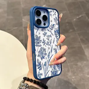 Girly Magnetic Case suitable for iPhone11/12/13/14/15/16/17promax,Blue Plant Pattern, Anti-Slip, Ultra Thin | Aesthetic Touch for Daily Use