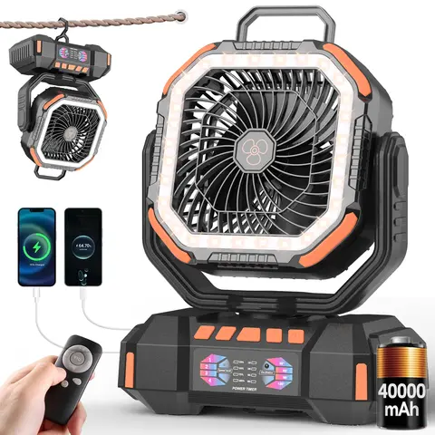 Portable Camping Led Light Fan - 40000mAh Rechargeable Cordless Usb Cooling Fan with 4 Speeds, Remote Control, Hanging Hook, Nightlight, Usb Port, Power Bank Combo, Clip for Outdoor Tents, Home Use