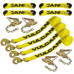 VULCAN 8-Point Roll Back Vehicle Tie Down Kit with Snap Hook on Strap Ends and Chain Tail on Ratchet Ends - Set of 4 - Classic Yellow Tire Fit Webbing