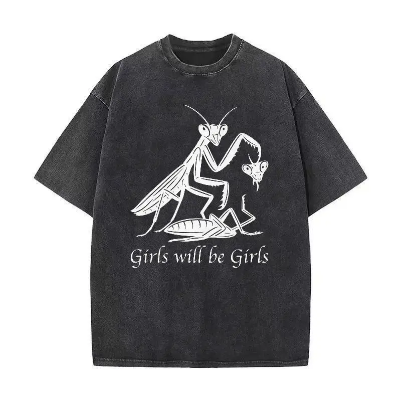 Mantis "Girls Will Be Girls" Graphic Vintage Washed Round Neck Short-Sleeve Relaxed Fit Top, Funny Dark Humor Praying Mantis Unisex Casual Breathable Tee for Daily Wear (Pairs with Jeans)