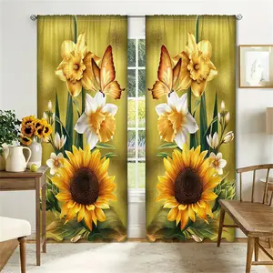 2Panels/Set Nature Sunflower Butterfly Animal Flower Vintage Pattern 3D Design Window Curtains Light-Filtering Polyester Drapes With Rod Pocket For Living Room Bedroom Kitchen Laundry Bathroom Door Protecting Privacy Home Decor curtains