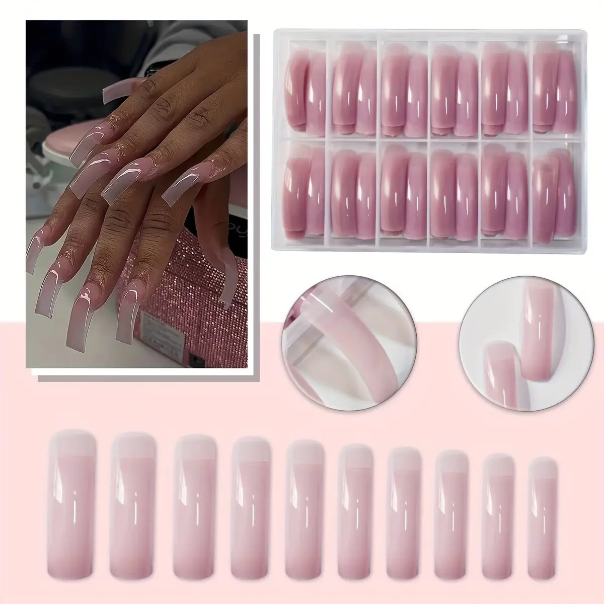 240 Pcs Soft Nude Long Curved Nails, Glossy Fake Nails, Glossy Jelly Gradient False Nails, Reusable, Includes Jelly Glue and File, Perfect for Daily Wear and DIY Manicure, False Nail Kits