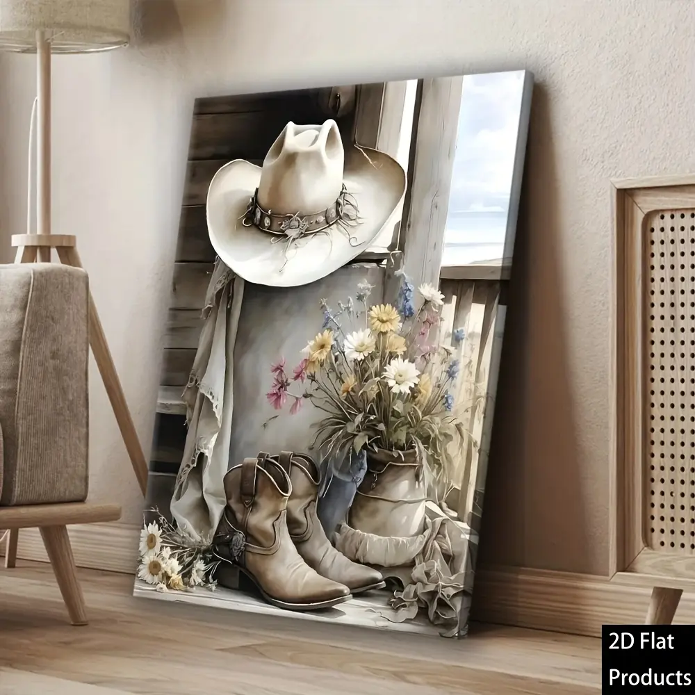 2D canvas painting, 1 piece vintage western cowboy boots and hat canvas painting--farmhouse style decor with floral accents, brown and pink--framed canvas wall art, suitable for living room, bedroom, office, bar--rural western home decor or Halloween/Chri