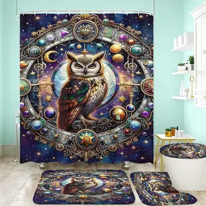 Starry Owl Geometric Shower Curtain Set, Boho Style Bathroom Decor, Includes U-Type Bath Mat, Toilet Lid, Hooks, Halloween Christmas Thanksgiving Patterns