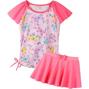 Girls Rash Guard 2 Pieces UPF50+ Bathing Suit Swimsuit with Swimming Skirt Swimwear for Girls Aged 2-14Y