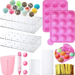 Cake Pop Maker Set, 12-Hole  Cake Pop Mold with  Sticks, 15-Hole   Holder, Measuring Cup, Decorating Pen, 4 Piping Tips, Flat Pockets, Twist Ties