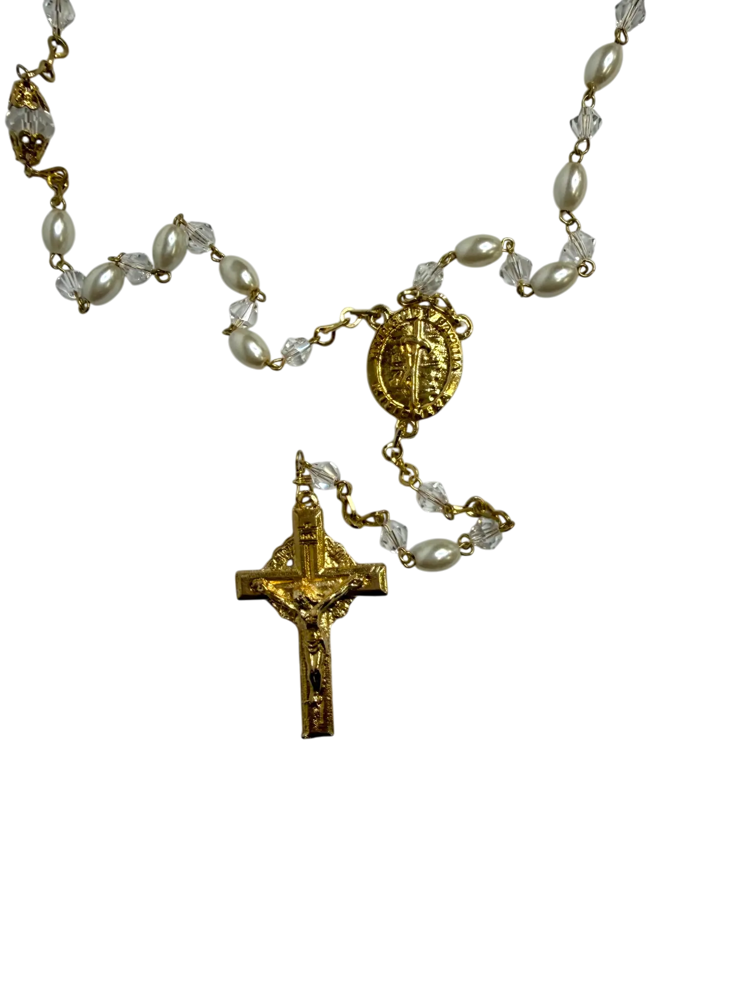 White Pearl Quinceañera Rosary with Gold Crucifix