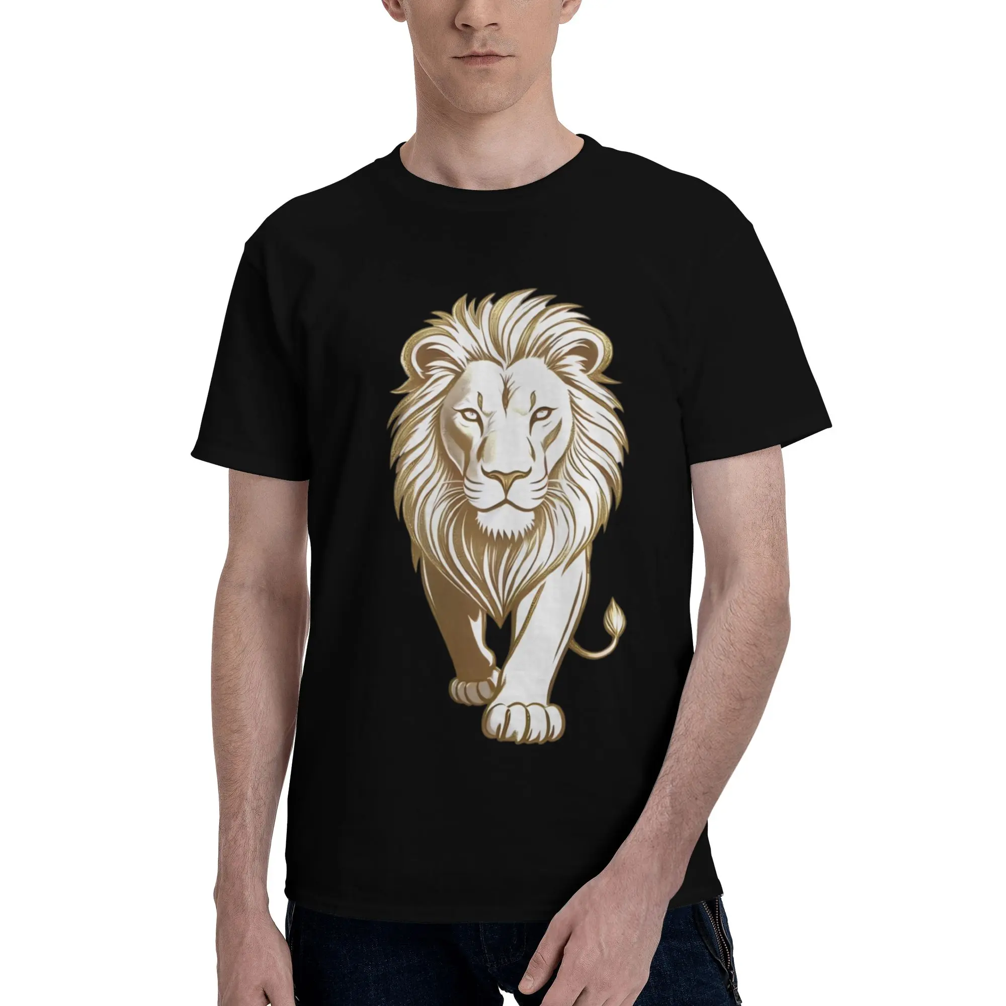 Lion Print T-shirt, Creative Abstract Graphic, Unique Design, Men'S Fashion Printed T-shirt, White, Pure, Short Sleeve, Crew Neck, Breathable, Suitable for Summer, Machine Washable Digital Heat Transfer Print
