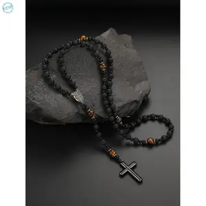Volcanic Rock and Tiger Eye Stone Alloy Cross Pendant Necklace, Suitable for Men's Daily Wear, 1 Piece Vintage Style Black Beaded