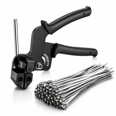 Metal Zip Tie Gun Kit with 100x Heavy Duty 13.8"(35cm) Stainless Steel Ties, 14in(35cm) Rustproof Cables, Cutter with Durable Internal Cutting Mechanism for Clean Cuts, Easy Tensioning Fastener Tool for Tomato Cages, Privacy Screens