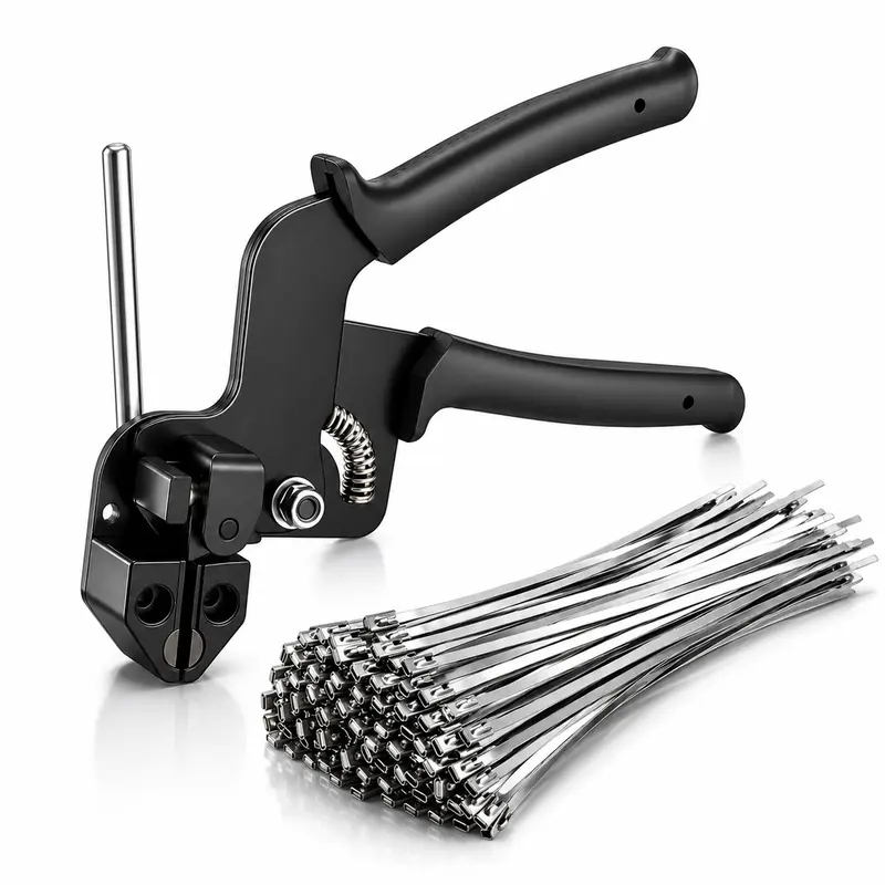 Metal Zip Tie Gun Kit with 100x Heavy Duty 13.8"(35cm) Stainless Steel Ties, 14in(35cm) Rustproof Cables, Cutter with Durable Internal Cutting Mechanism for Clean Cuts, Easy Tensioning Fastener Tool for Tomato Cages, Privacy Screens