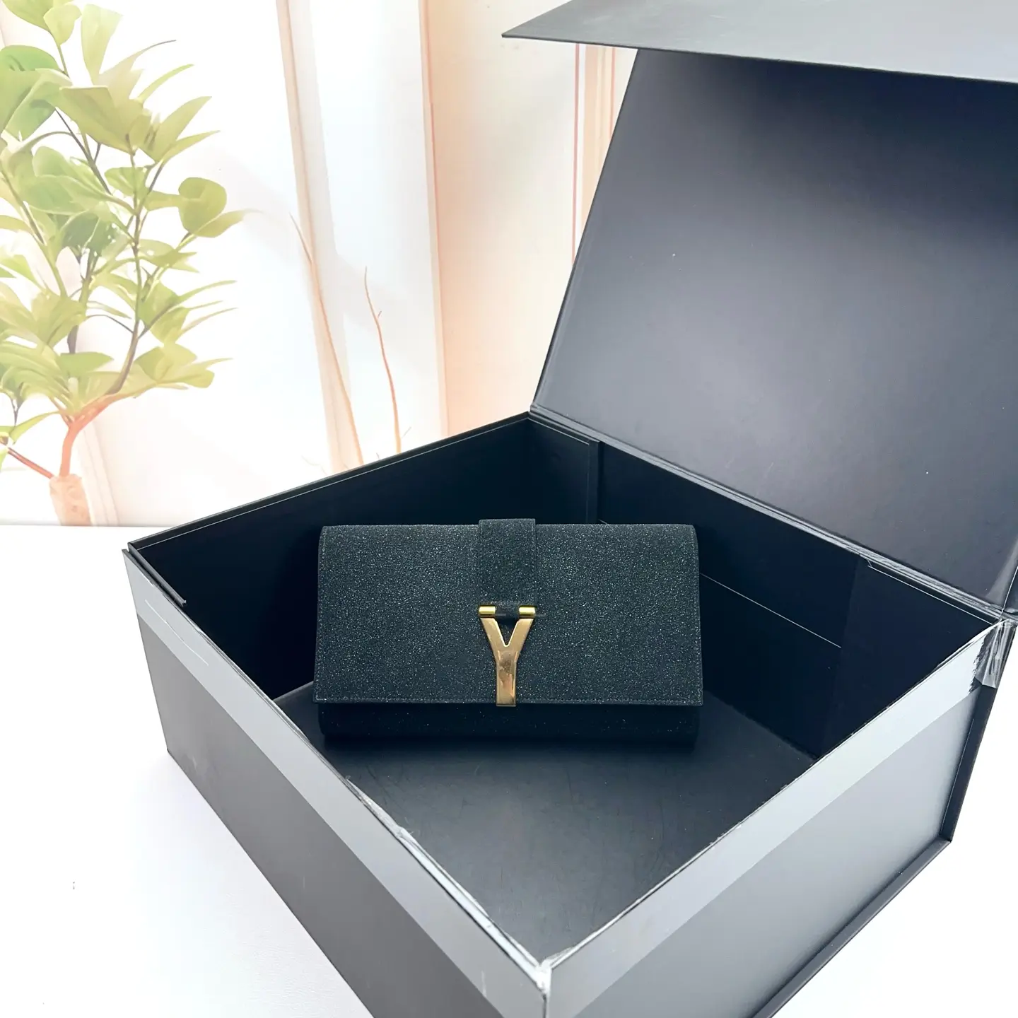 Pre-owned Yves Saint Laurent Black Glitter Leather Y Logo Flap Clutch Shoulder Bag 0804 RAYE 24190608