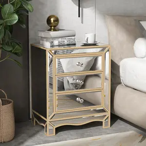 Elegant Mirrored Nightstand Gold Edge Silver End Table with 3 Drawers, Mirror Accent Table with Crystal Knob, Bedside Table Side Table for Bedroom Living Room Office