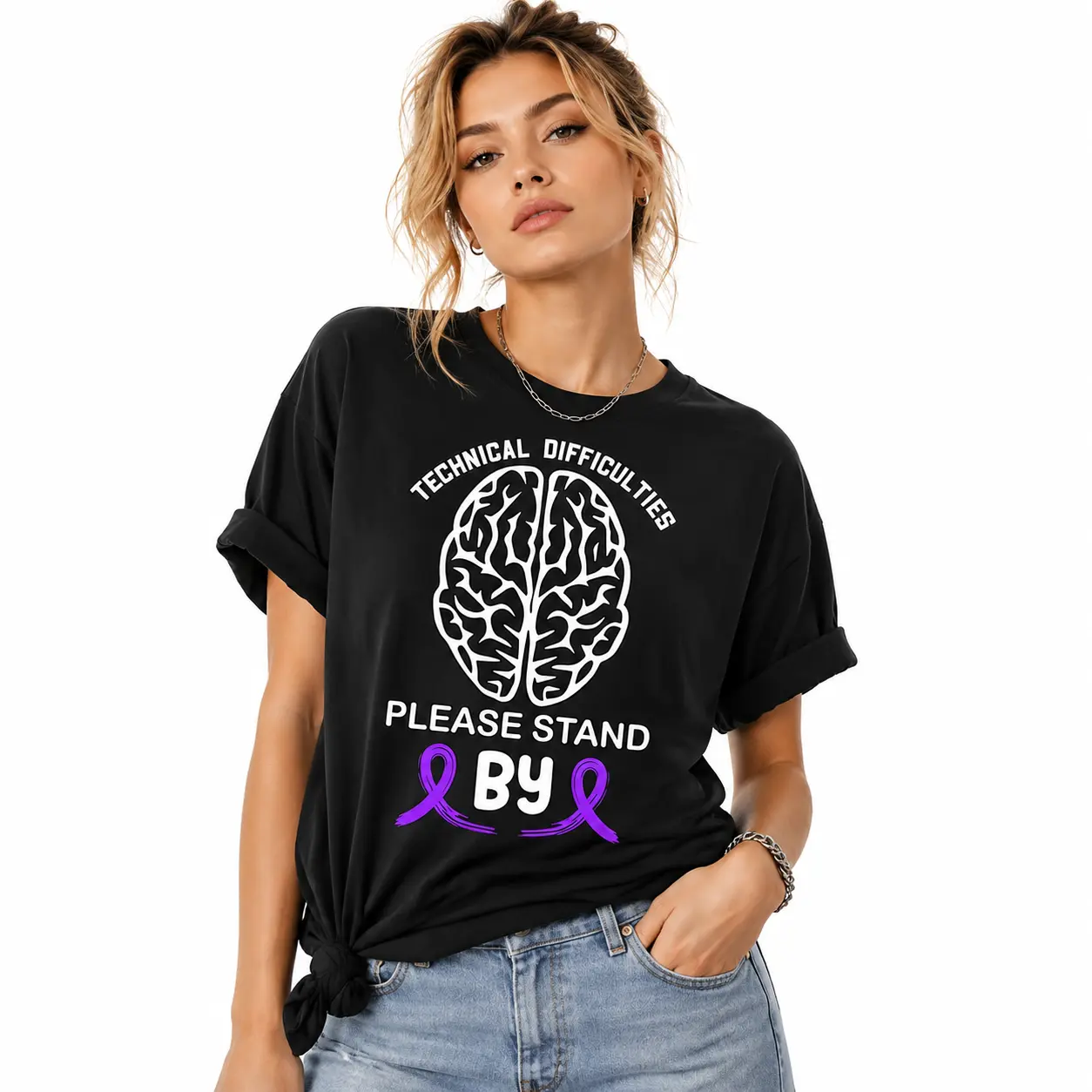 Comfort Colors Unisex Awareness T-Shirt Technical Difficulties Stand By, Purple Ribbon Epilepsy Brain Graphic Motivational Short Sleeve Cotton Shirt, Support Epilepsy Supporter Casual Top Crewneck Fit