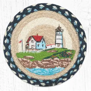212 MAIN Hand-Stenciled Nubble Lighthouse Printed Round Trivet - 10x10 in., MSPR-619, Natural Jute Kitchenware Coaster for Home Use, Coasters