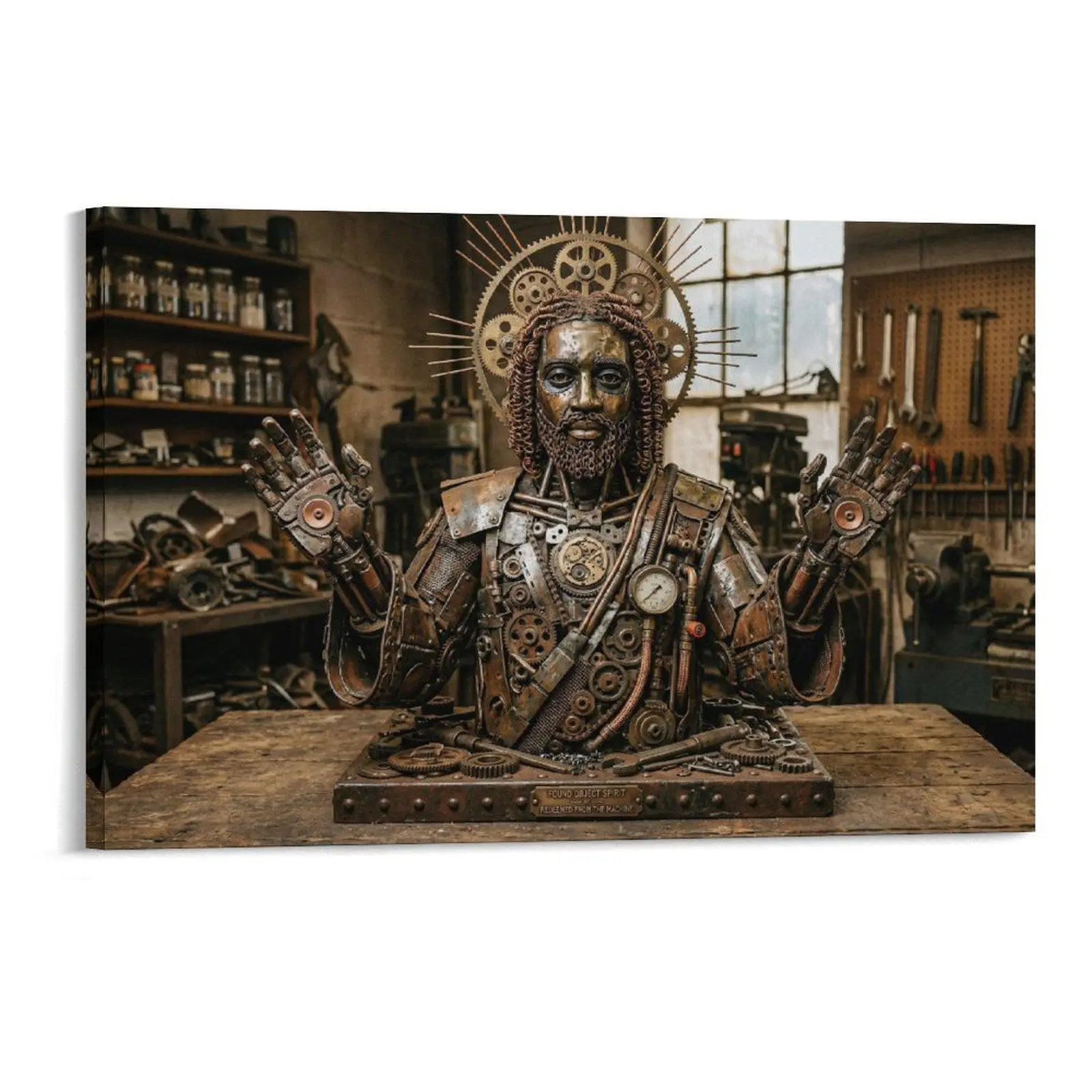Handmade Bronze-Toned Metal Religious Steampunk Jesus Sculpture - Recycled Craft with Gear-Equipped Halo, Mechanical Hands, Industrial Home Decor Piece