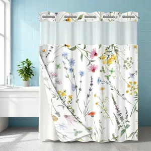 1PC double-layer large ring shower curtain, colorful floral patterns fresh and natural, shower curtain, high-end quick drying hanging curtain, bathroom, curtain, waterproof, mildew proof curtain, Flower, Bathroom Accessory
