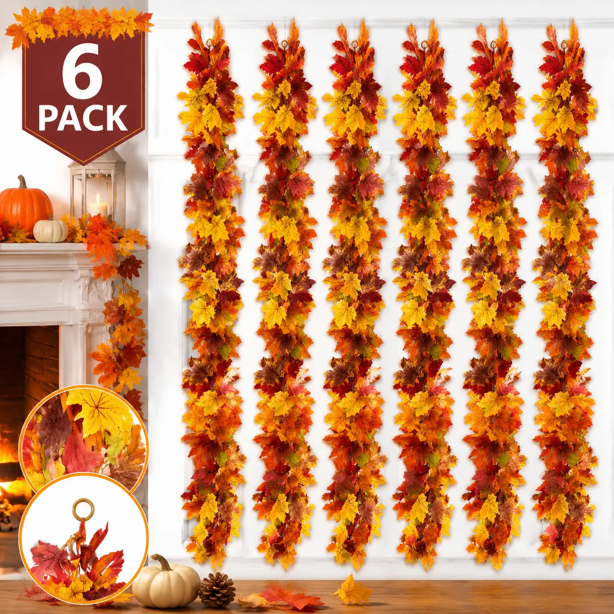 6-Pack Waterproof PVC Artificial Fall Maple Leaf Garland - 11.8FT/23.6FT Options, 12 Hooks, Thanksgiving Decoration for Fireplace Mantle, Wedding Backdrops, Kitchen Accents
