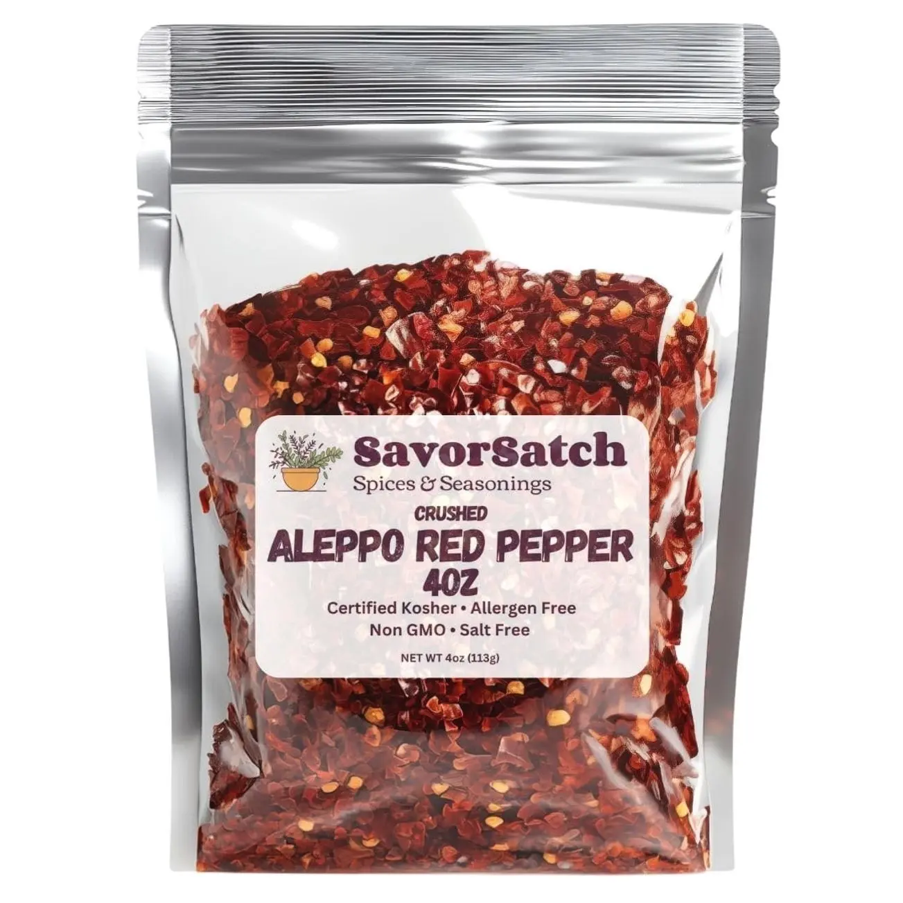 SavorSatch Aleppo Red Pepper Flakes - 4 oz Resealable Pouch | Certified Kosher, Moderately Spicy Halaby Chili Pepper | Authentic Turkish Flavor | Crushed Red Capsicum annuum for Cooking and Seasoning