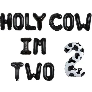 1Set Cow Themed 2anniversary Birthday Decorations Holy Cow Im Two Balloon Banner Cow 2anniversary Birthday Party Supplies Number 2 Foil Balloon Cow Balloons Farm Animal Second Birthday Party Decors for Boy Girl