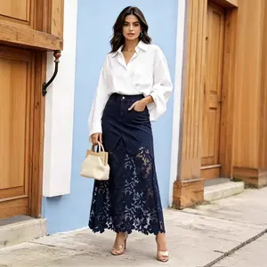 Denim Skirt, New Summer Style with Lace Hollow-Out, Patchwork, Slim-Fit, High-Waisted, Versatile Design