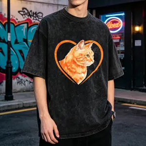 Heart Cat Orange Men's Vintage Washed T-Shirt Orange Cat In Heart Shape Oversized Graphic Tee Outdoor Casual Short Sleeve