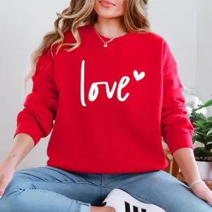 Love Heart Script Crewneck Sweatshirt, Red Valentine Sweater, Minimalist Romantic Pullover, Unisex Cozy Couples Gift Idea for Her, Him
