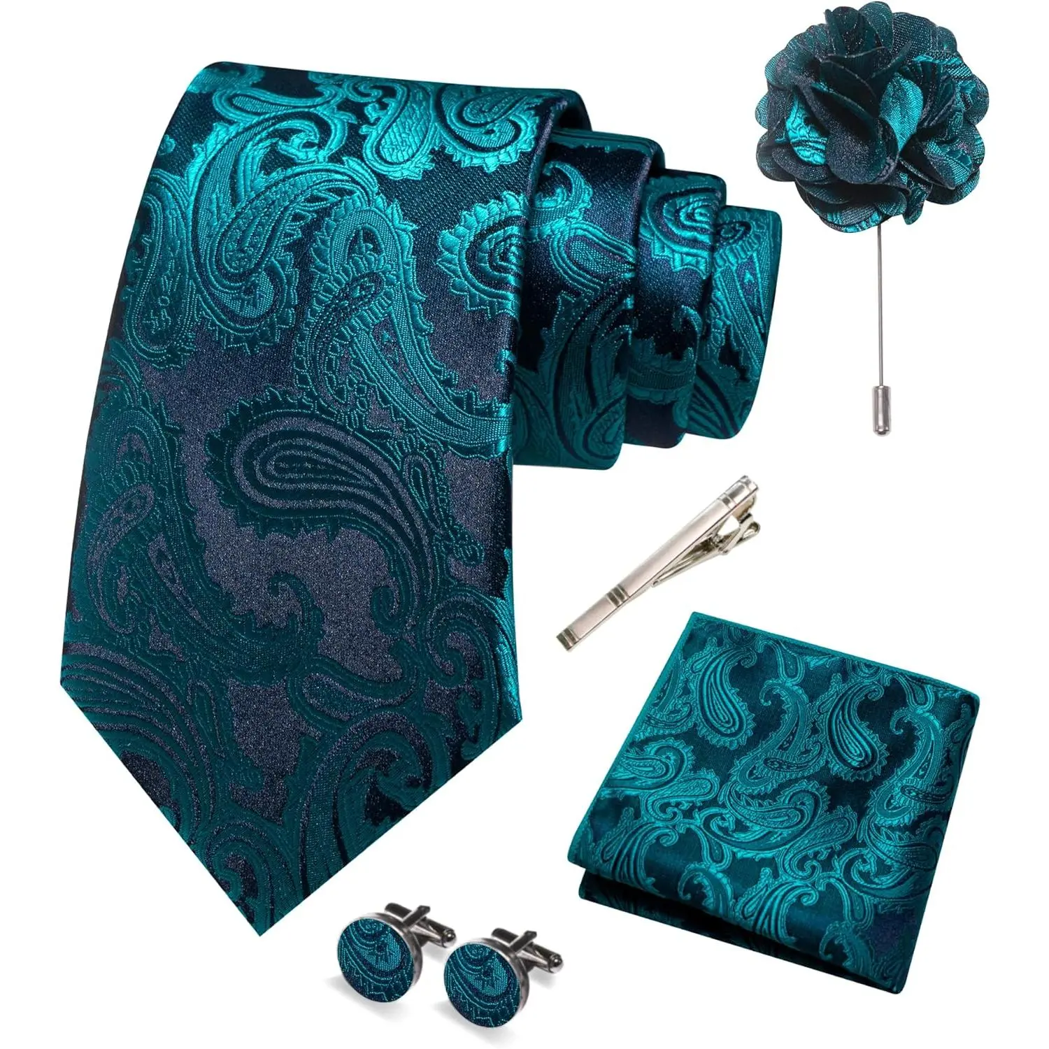 JEMYGINS Mens Paisley Tie and Pocket Square,Lapel Pin,Cufflinks,Tie Clip Sets with Gift Box 5PCS
