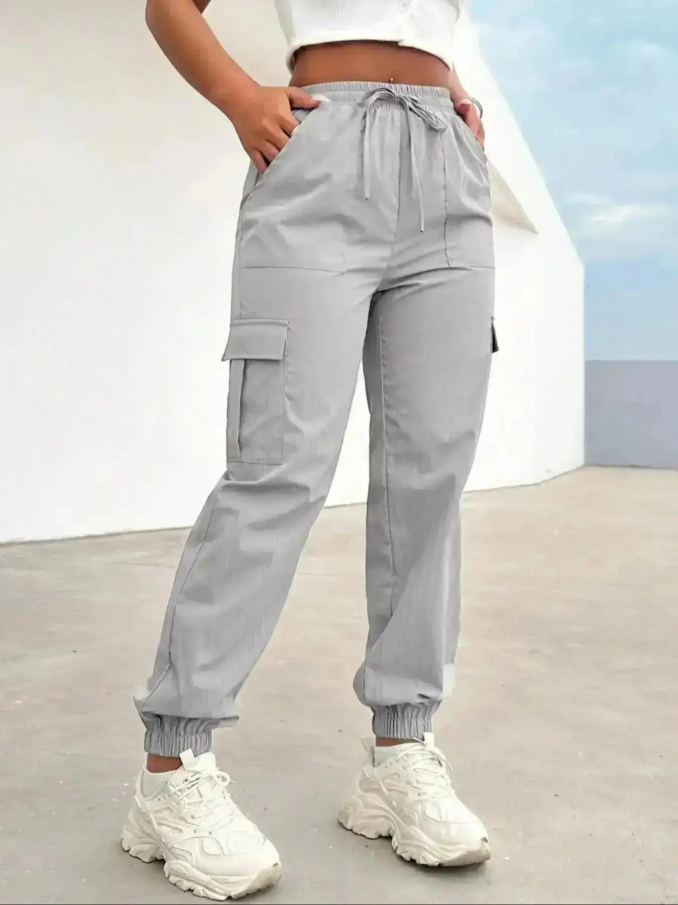 Boho Palazzo Pants, Solid Adjustable Drawstring Waist Cargo Pants, Casual Elastic Trousers for Daily Wear, Ladies Bottoms All Seasons, Lightweight, Elevated Basics, Flexible Fit, Relaxed, Leggings