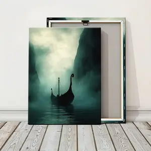 2D Flat, 1pc Viking Longship Emerging from Mist Poster - Norse Maritime Warfare Canvas Art Print with Wrap-Around Frame, Dark Green Ancient Viking Ship Wall Decor for Living Room, Office