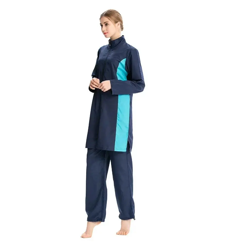 Foreign Trade Crossborder Muslim Swimsuit Womens Solid Color Stitching Conservative Swimsuit Threepiece Set Large Size with Hood