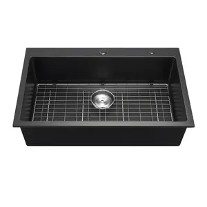 VEVOR 33 inch Kitchen Sink Workstation,  Top Mount Granite Sinks, Drop-In Single Bowl Farmhouse Basin with Multiple Accessories, Household Dishwasher Sinks for RV, Prep Kitchen, and Bar (Black)