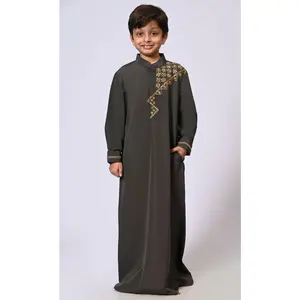 Handcrafted Elegance: Traditional Boy's  Grey  Thobe with Intricate Details - Final Sale