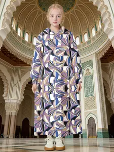 Blue Geometric Pattern Girls' Abaya, Perfect for Ramadan Festival, Artistic Atmosphere, Stylish and Comfortable